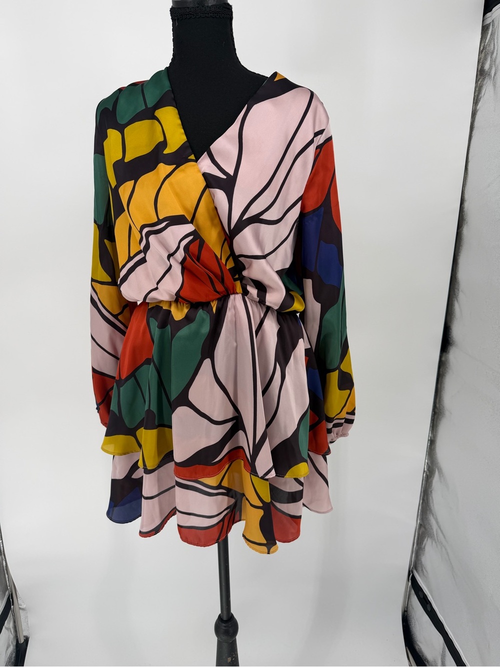 Adrienne Multicolor Abstract Print Mini Dress - Pink, Green, Yellow, Red, Blue